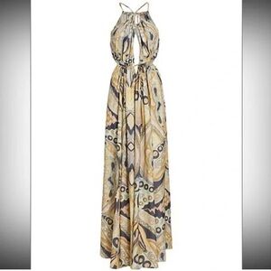 cult gaia Halter Maxi Dress in Beige, Gold and Black Abstract Print